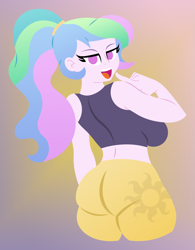 Size: 4339x5554 | Tagged: safe, artist:egor418, princess celestia, principal celestia, human, equestria girls, g4, absurd resolution, alternate hairstyle, ass, breasts, busty princess celestia, butt, clothes, cougar, cutie mark on clothes, female, gradient background, lineless, looking at you, no pupils, open mouth, pants, ponytail, principal sunbutt, solo, sports bra, sports outfit, sports panties, sunbutt, yoga pants