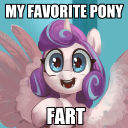 Size: 1300x1300 | Tagged: safe, artist:jewellier, princess flurry heart, alicorn, pony, g4, caption, image macro, meme, non sequitur, older, older flurry heart, text, wat