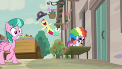 Size: 1280x720 | Tagged: safe, screencap, apple bloom, cool beans, flower flight, scootaloo, sweetie belle, earth pony, pegasus, pony, unicorn, g4, hard to say anything, my little pony: friendship is magic, apple, apple tree, barrel, cart, female, filly, foal, food, groucho mask, hat, horn, mare, outdoors, tree