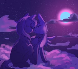 Size: 2048x1806 | Tagged: safe, artist:piesinful, rainbow dash, twilight sparkle, alicorn, pegasus, pony, g4, cloud, duo, duo female, female, full moon, heart, heart eyes, lesbian, limited palette, looking at each other, looking at someone, mare, moon, on a cloud, outdoors, ship:twidash, shipping, sitting, sitting on a cloud, smiling, smiling at each other, twilight sparkle (alicorn), wingding eyes