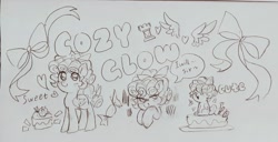 Size: 2500x1276 | Tagged: safe, artist:蜀灰, cozy glow, pegasus, pony, g4, cake, candy, chibi, evil smile, female, filly, foal, food, heart, multiple views, rook, simple background, sketch, smiling, solo, speech bubble, text, traditional art, white background