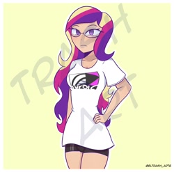 Size: 2048x2021 | Tagged: safe, artist:eltrash_art6, princess cadance, human, g4, alternate hairstyle, black underwear, breasts, clothes, commission, female, glasses, humanized, passepartout, shirt, solo, t-shirt, underwear, watermark