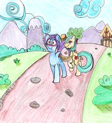 Size: 1455x1600 | Tagged: safe, artist:fleximusprime, oc, unnamed oc, earth pony, pegasus, blushing, butt touch, duo, feathermarking, outdoors, traditional art, wings