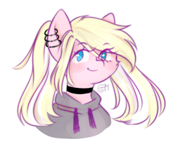 Size: 1199x1019 | Tagged: safe, artist:vieta, oc, oc only, oc:marshmallow bombshell, pegasus, pony, blonde hair, blue eyes, bust, choker, clothes, collar, colored eyebrows, ear piercing, earring, eye clipping through hair, eyebrows, eyebrows visible through hair, eyelashes, female, fluffy hair, fluffy mane, hair ribbon, hoodie, jewelry, long eyelashes, long hair, looking at you, mare, multicolored hair, multicolored mane, pegasus oc, piercing, pigtails, pink coat, portrait, raised eyebrows, ribbon, signature, simple background, smiling, solo, striped hair, striped mane, two toned hair, two toned mane, white background, white hair