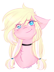 Size: 2160x2880 | Tagged: safe, artist:vieta, oc, oc only, oc:marshmallow bombshell, pegasus, pony, blonde hair, blue eyes, bust, chest fluff, choker, collar, colored eyebrows, ear piercing, earring, eye clipping through hair, eyebrows, eyebrows visible through hair, eyelashes, female, fluffy hair, fluffy mane, hair ribbon, jewelry, long eyelashes, long hair, looking at you, mare, multicolored hair, multicolored mane, pegasus oc, piercing, pigtails, pink coat, portrait, raised eyebrows, ribbon, signature, simple background, smiling, solo, striped hair, striped mane, two toned hair, two toned mane, white background, white hair