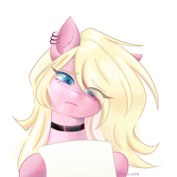 Size: 3000x3000 | Tagged: safe, artist:vieta, oc, oc only, oc:marshmallow bombshell, pegasus, pony, blonde hair, blue eyes, bust, choker, collar, colored eyebrows, ear piercing, earring, eye clipping through hair, eyebrows, eyebrows visible through hair, eyelashes, female, fluffy hair, fluffy mane, frown, hair ribbon, jewelry, long eyelashes, long hair, looking sideways, mare, meme template, multicolored hair, multicolored mane, paper, pegasus oc, piercing, pigtails, pink coat, portrait, raised eyebrows, ribbon, signature, simple background, solo, striped hair, striped mane, two toned hair, two toned mane, white background, white hair