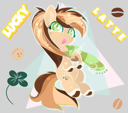 Size: 4607x4100 | Tagged: safe, artist:winstiky, oc, oc only, oc:lucky latte, pony, unicorn, clothes, clover, coffee beans, coffee cup, colored hooves, cup, freckles, hooves, horn, scarf, solo