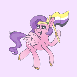 Size: 4400x4400 | Tagged: safe, artist:tkshoelace, pipp petals, pegasus, pony, g5, ear fluff, eyelashes, eyeshadow, holding, makeup, nonbinary, nonbinary pride flag, pride, pride flag, purple background, simple background, solo, spread wings, unshorn fetlocks, wings