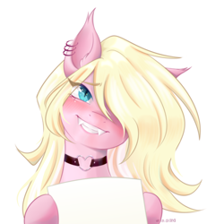 Size: 3000x3000 | Tagged: safe, artist:vieta, oc, oc only, oc:marshmallow bombshell, bat pony, pony, bat pony oc, blonde hair, blue eyes, bust, choker, collar, colored eyebrows, ear fluff, ear piercing, ear tufts, earring, embarrassed, eye clipping through hair, eyebrows, eyebrows visible through hair, eyelashes, fangs, female, fluffy hair, fluffy mane, hair ribbon, jewelry, long eyelashes, long hair, looking at you, mare, meme template, multicolored hair, multicolored mane, paper, piercing, pigtails, pink coat, portrait, raised eyebrows, ribbon, signature, simple background, smiling, smiling at you, smirk, solo, striped hair, striped mane, two toned hair, two toned mane, white background, white hair