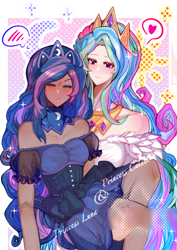 Size: 2894x4093 | Tagged: safe, artist:wuzhudaren, princess celestia, princess luna, human, g4, abstract background, blushing, clothes, dress, eyes closed, female, heart, humanized, outline, royal sisters, siblings, sisters, smiling, sparkles, text, white outline