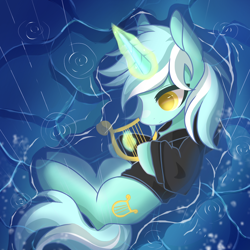 Size: 1240x1240 | Tagged: safe, artist:frostdew55252, lyra heartstrings, pony, unicorn, fanfic:background pony, g4, clothes, dig the swell hoodie, female, glowing, glowing horn, hoodie, horn, lying down, lyre, mare, musical instrument, on floor, on side, rain, solo, water, wet, wet floor