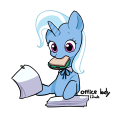 Size: 2048x2048 | Tagged: safe, artist:izuchi, trixie, pony, unicorn, g4, cute, diatrixes, eating, food, herbivore, horn, office lady, sandwich, simple background, solo, white background