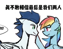 Size: 1374x1080 | Tagged: safe, artist:yixiaobua, rainbow dash, soarin', pegasus, pony, g4, chinese, duo, duo male and female, female, looking at each other, looking at someone, male, ship:soarindash, shipping, sketch, smiling, straight, text