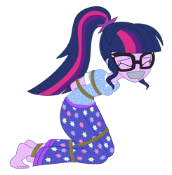 Size: 2081x2123 | Tagged: safe, artist:nie-martw-sie-o-mnie, sci-twi, twilight sparkle, human, equestria girls, g4, my little pony equestria girls: legend of everfree, barefoot, bondage, bound and gagged, clothes, eyes closed, feet, female, femsub, gag, glasses, kneeling, pajamas, rope, rope bondage, simple background, solo, submissive, tape, tape gag, transparent background, twisub