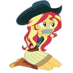 Size: 2500x2500 | Tagged: safe, artist:nie-martw-sie-o-mnie, sunset shimmer, human, equestria girls, equestria girls specials, g4, my little pony equestria girls: dance magic, bondage, boots, clothes, cowboy boots, cowboy hat, cowgirl, female, femsub, gag, hat, kneeling, shoes, simple background, skirt, solo, stetson, submissive, subset, tape, tape bondage, tape gag, transparent background