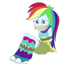 Size: 2000x2000 | Tagged: safe, artist:nie-martw-sie-o-mnie, rainbow dash, human, equestria girls, g4, my little pony equestria girls: legend of everfree, bondage, bound and gagged, cloth gag, clothes, dashsub, female, femsub, gag, leg warmers, looking at you, rope, rope bondage, shorts, simple background, sitting, solo, submissive, tied up, transparent background