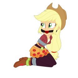 Size: 2000x2000 | Tagged: safe, artist:nie-martw-sie-o-mnie, applejack, human, equestria girls, g4, my little pony equestria girls: friendship games, applesub, ballgag, bondage, bound and gagged, clothes, cowboy hat, female, femsub, gag, hat, kneeling, leggings, school spirit, simple background, solo, submissive, tape, tape bondage, transparent background