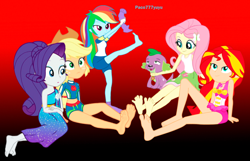 Size: 1238x799 | Tagged: safe, applejack, fluttershy, rainbow dash, rarity, spike, sunset shimmer, dog, human, equestria girls, g4, barefoot, feet, female, fetish, foot fetish, foot focus, gradient background, group, pinkie pie swimsuit, soles, spike the dog, spikelove, summer