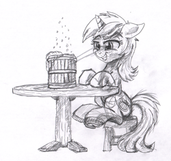 Size: 2189x2058 | Tagged: safe, artist:ciaran, derpibooru exclusive, lyra heartstrings, pony, unicorn, g4, alcohol, beer, bubble, eyes on the prize, female, floppy ears, foam, grayscale, horn, looking at something, mare, monochrome, pencil drawing, simple background, sitting, smiling, table, traditional art, underhoof, white background