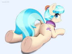 Size: 2808x2096 | Tagged: safe, artist:vinilyart, coco pommel, earth pony, pony, g4, butt, dock, female, lying down, mare, plot, prone, solo, tail, underhoof