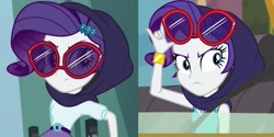 Size: 1280x642 | Tagged: safe, screencap, rarity, human, equestria girls, equestria girls specials, fomo, g4, my little pony equestria girls: better together, my little pony equestria girls: dance magic, comparison, female, hood, seatbelt, sunglasses, sunglasses on head