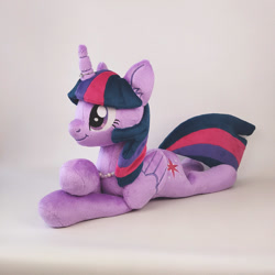 Size: 1000x1000 | Tagged: safe, artist:larsen toys, twilight sparkle, alicorn, pony, g4, craft, female, folded wings, horn, horn ring, irl, jewelry, lying down, mare, monochrome, necklace, photo, plushie, prone, ring, sale, solo, sploot, twilight sparkle (alicorn), wings