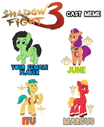 Size: 1080x1315 | Tagged: safe, artist:craftycirclepony, artist:prixy05, hitch trailblazer, sprout cloverleaf, sunny starscout, oc, oc:filly anon, earth pony, pony, g5, my little pony: tell your tale, cast meme, coat markings, cute, female, filly, grin, looking at you, male, mane stripe sunny, mare, pale belly, shadow fight 3, showing teeth, simple background, smiling, smiling at you, socks (coat markings), stallion, sunny's bag, sunnybetes, twilight sparkle's cutie mark, white background