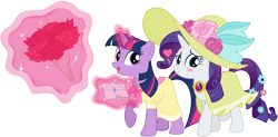 Size: 8000x3936 | Tagged: safe, artist:twilirity, rarity, twilight sparkle, pony, unicorn, g4, absurd resolution, birthday dress, bouquet, bouquet of flowers, clothes, dress, female, flower, lesbian, letter, magic, mare, ship:rarilight, shipping, simple background, transparent background, unicorn twilight, vector