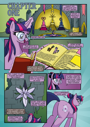 Size: 1920x2715 | Tagged: safe, artist:alexdti, artist:v-nico, twilight sparkle, pony, comic:alicorn of magic, g4, alternate cutie mark, alternate hairstyle, book, butt, flower, glasses, magic, plot, solo