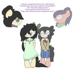 Size: 1754x1707 | Tagged: safe, artist:castafae, oc, oc only, oc:ceiling fan, oc:floor bored, oc:ichi, oc:taku, earth pony, pony, satyr, ascot, blushing, bow, braces, clothes, crossdressing, dialogue, dork, dress, female, glasses, hair bow, hair bun, hair over one eye, jewelry, long tail, male, mother and child, mother and daughter, necklace, nervous, nervous smile, older, parent:oc:anon, parent:oc:floor bored, parent:oc:taku, pin, ponytail, simple background, skirt, smiling, tail, white background