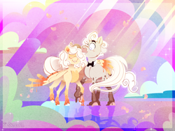 Size: 2048x1536 | Tagged: safe, artist:mrraapeti, oc, oc only, oc:egg milky, oc:milk man, earth pony, food pony, pegasus, pony, :3, abstract background, blank flank, blush lines, blushing, bowtie, brown hooves, cloud, coat markings, colored eyebrows, colored eyelashes, colored hooves, colored pinnae, colored wings, commission, cream coat, curly mane, curly tail, detailed, detailed background, duo, duo male and female, facial hair, facial markings, female, female oc, flowing tail, fluffy mane, food, hair over one eye, holding hooves, hooves, hug, leg markings, lineless, long tail, looking at someone, male, mare, mare oc, multicolored wings, necktie, oc x oc, one wing out, ponified, ponysona, raised hoof, raised leg, reflection, shipping, signature, sky, smiling, smiling at someone, snip (coat marking), socks (coat markings), sparkles, spread wings, standing, standing on three hooves, standing on two hooves, straight, tail, thin legs, three quarter view, wall of tags, white eyelashes, white mane, white tail, winghug, wings, yellow coat