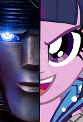 Size: 1019x1500 | Tagged: safe, edit, edited screencap, screencap, twilight sparkle, cybertronian, human, robot, two sided posters, equestria girls, g4, clash of hasbro's titans, female, male, optimus prime, orion pax, photo, transformers, transformers one, two sides