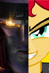 Size: 1019x1500 | Tagged: safe, edit, edited screencap, screencap, sunset shimmer, cybertronian, human, robot, two sided posters, equestria girls, g4, clash of hasbro's titans, d-16, female, grin, male, megatron, photo, smiling, transformers, transformers one, two sides