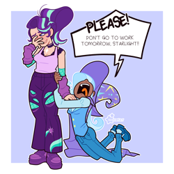 Size: 2600x2600 | Tagged: safe, artist:3ggmilky, starlight glimmer, trixie, human, g4, arm warmers, begging, blue nail polish, blue nails, bra, cape, choker, clothes, cutie mark on clothes, denim, duo, duo female, female, fishnet clothing, fishnet gloves, gloves, hand on face, hat, high res, holding, humanized, jeans, jewelry, lesbian, nail polish, necklace, outline, pants, passepartout, ponytail, ship:startrix, shipping, shirt, signature, socks with sandals, tank top, tied hair, trixie's cape, trixie's hat, underwear