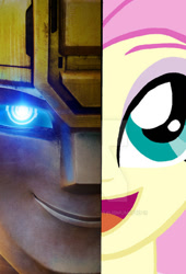 Size: 1019x1500 | Tagged: safe, edit, edited screencap, screencap, fluttershy, cybertronian, human, robot, two sided posters, equestria girls, g4, b-127, bumblebee (transformers), clash of hasbro's titans, female, male, photo, transformers, transformers one, two sides