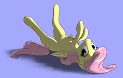 Size: 2381x1515 | Tagged: safe, artist:eels, fluttershy, pegasus, pony, g4, belly, belly fluff, cute, female, legs in air, looking at you, lying down, mare, on back, round belly, shyabetes, smiling, solo, upside down