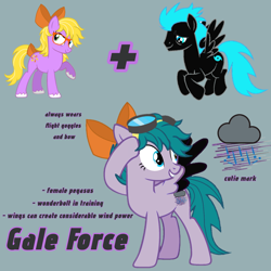 Size: 1280x1280 | Tagged: safe, artist:lucky bolt, artist:pegasski, oc, oc only, oc:cyclone storm, oc:gale force, oc:misty breeze, earth pony, pegasus, pony, base used, bow, colored wings, cutie mark, feathered fetlocks, female, fusion, glasses, goggles, hair bow, male, next generation, oc x oc, raised hoof, reference sheet, shipping, tail, tail bow, two toned wings, wings