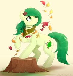 Size: 1500x1557 | Tagged: safe, artist:higglytownhero, oc, oc only, oc:emerald mask, pony, clothes, grass, jewelry, leaves, looking up, male, necklace, outdoors, raised hoof, ring, scarf, simple background, smiling, solo, stallion, tree stump, wind blowing