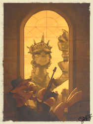 Size: 1500x2000 | Tagged: safe, alternate version, artist:egil, sunset shimmer, pony, unicorn, g4, clothes, fedora, female, gangster, gun, hat, horn, mafia, manehattan, mare, sitting, solo, statue of friendship, statue of liberty, suit, tommy gun, vintage, weapon, window