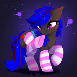 Size: 3807x3790 | Tagged: safe, artist:empress-twilight, oc, oc only, oc:ebony rose, bat pony, pony, bat pony oc, bat wings, cheek fluff, chest fluff, clothes, commission, ear fluff, ear tufts, eye clipping through hair, eyebrows, eyebrows visible through hair, female, folded wings, mare, raised hoof, raised leg, socks, solo, striped socks, tail, wings, ych result