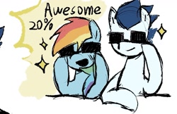 Size: 1227x795 | Tagged: safe, artist:yixiaobua, rainbow dash, soarin', pegasus, pony, g4, :d, awesome, blue coat, duo, duo male and female, female, male, open mouth, open smile, ship:soarindash, shipping, smiling, straight, sunglasses, white coat