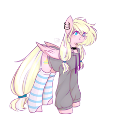 Size: 2108x2232 | Tagged: safe, artist:vieta, oc, oc only, oc:leaenala, pegasus, pony, blonde hair, blonde tail, blue eyes, choker, clothes, collar, ear piercing, earring, eye clipping through hair, eyelashes, feathered wings, female, fluffy hair, fluffy mane, fluffy tail, folded wings, footless stockings, full body, garter belt, hair ribbon, high res, hoodie, jewelry, long hair, looking sideways, mare, multicolored hair, multicolored mane, multicolored tail, pegasus oc, pegasus wings, piercing, pigtails, pink coat, ponytail, ribbon, side view, signature, simple background, smiling, socks, solo, standing, stockings, striped hair, striped mane, striped socks, striped tail, tail, thigh highs, two toned hair, two toned mane, two toned tail, white background, white hair, white tail, wings