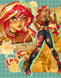 Size: 1406x1800 | Tagged: safe, artist:callimara, sunset shimmer, unicorn, equestria girls, g4, boots, chains, clothes, collage, horn, jacket, midriff, shoes, solo