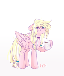 Size: 3000x3565 | Tagged: safe, artist:vieta, oc, oc only, oc:marshmallow bombshell, pegasus, pony, angry, blonde hair, blonde tail, blue eyes, choker, collar, cup, ear piercing, earring, eye clipping through hair, eyebrows visible through hair, eyelashes, feathered wings, female, fluffy hair, fluffy mane, fluffy tail, folded wings, full body, gradient background, hair ribbon, jewelry, long eyelashes, long hair, looking sideways, mare, multicolored hair, multicolored mane, multicolored tail, pegasus oc, pegasus wings, piercing, pigtails, pink coat, ponytail, raised eyebrows, ribbon, side view, signature, sleepy, solo, standing, striped hair, striped mane, striped tail, tail, two toned hair, two toned mane, two toned tail, white hair, white tail, wings