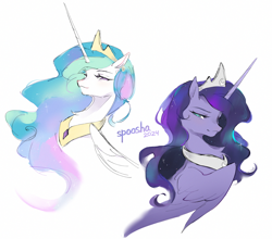 Size: 1350x1190 | Tagged: safe, artist:spoosha, princess celestia, princess luna, alicorn, pony, g4, alternate accessories, alternate color palette, duo, duo female, ethereal mane, female, folded wings, jewelry, looking at you, mare, peytral, pretty, princess, regalia, royal sisters, siblings, simple background, sisters, smiling, tiara, white background, wings