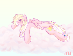 Size: 3000x2320 | Tagged: safe, artist:vieta, oc, oc only, oc:marshmallow bombshell, pegasus, pony, blonde hair, blonde tail, blue eyes, cloud, ear piercing, earring, eye clipping through hair, eyebrows, eyebrows visible through hair, eyelashes, feathered wings, female, fluffy hair, fluffy mane, fluffy tail, folded wings, full body, gradient background, hair ribbon, jewelry, long eyelashes, long hair, looking at you, lying down, lying on a cloud, mare, multicolored hair, multicolored mane, multicolored tail, on a cloud, pegasus oc, pegasus wings, piercing, pigtails, pink coat, ponytail, raised eyebrows, ribbon, side view, signature, smiling, smiling at you, solo, striped hair, striped mane, striped tail, tail, two toned hair, two toned mane, two toned tail, white hair, white tail, wings