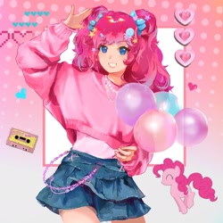 Size: 1902x1902 | Tagged: safe, artist:claritas莱卡, pinkie pie, human, g4, balloon, chains, clothes, compact cassette, gradient background, grin, heart, humanized, looking at you, passepartout, patterned background, polka dot background, skirt, smiling, square background, sweater