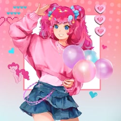 Size: 1902x1902 | Tagged: safe, alternate version, artist:claritas莱卡, pinkie pie, human, g4, balloon, chains, clothes, gradient background, grin, heart, humanized, looking at you, passepartout, patterned background, polka dot background, skirt, smiling, square background, sweater