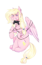 Size: 936x1426 | Tagged: safe, artist:vieta, oc, oc only, oc:leaenala, pegasus, pony, blonde hair, blonde tail, blue eyes, choker, collar, controller, ear piercing, earring, eye clipping through hair, eyebrows, eyebrows visible through hair, eyelashes, feathered wings, female, fluffy hair, fluffy mane, fluffy tail, folded wings, full body, hair ribbon, jewelry, long eyelashes, long hair, looking at you, mare, multicolored hair, multicolored mane, multicolored tail, pegasus oc, pegasus wings, piercing, pigtails, pink coat, ponytail, raised eyebrow, raised eyebrows, ribbon, side view, signature, simple background, sitting, solo, striped hair, striped mane, striped tail, tail, tangled up, two toned hair, two toned mane, two toned tail, white background, white hair, white tail, wings, wires