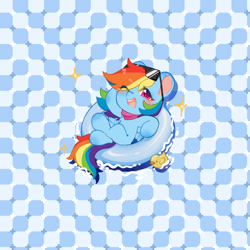 Size: 1024x1024 | Tagged: safe, artist:poyuewu, rainbow dash, pegasus, pony, g4, ;d, blushing, chibi, female, floaty, lying down, mare, modern art, neckerchief, on back, one eye closed, open mouth, open smile, optical illusion, patterned background, pool toy, rubber duck, smiling, solo, sparkles, sunglasses